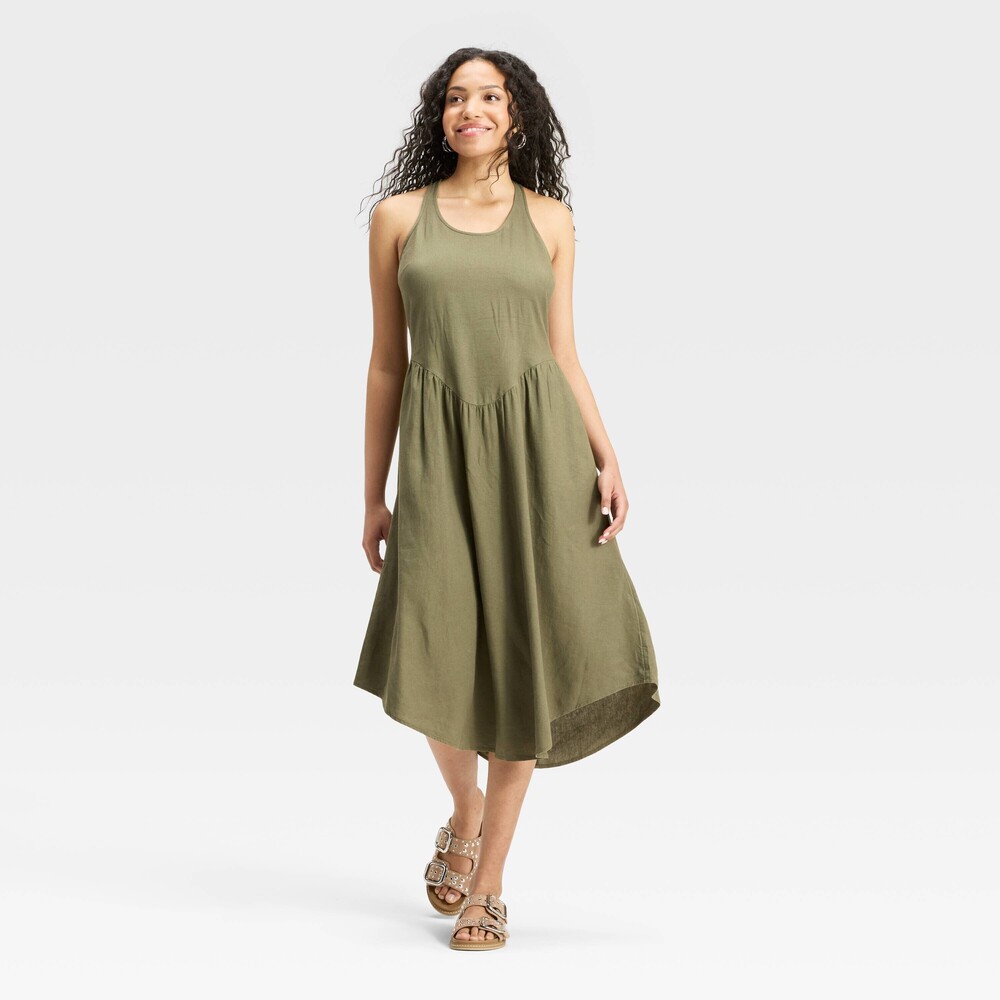 Universal Thread Olive Linen Blend Drop Waist Midi Dress Small | Pockets
